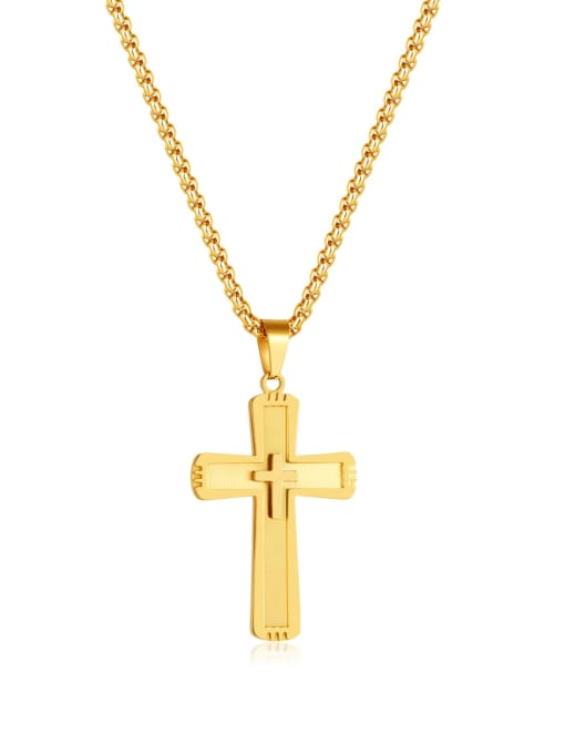 Gold Pendant  [Pearl Chain 4*70cm] Titanium Steel Cross Hip Hop Regligious Necklace